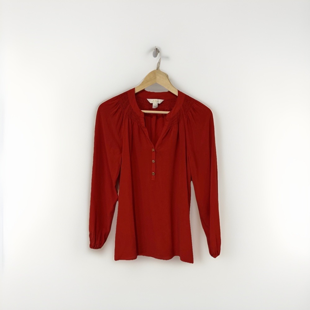 Lilly Pulitzer Elsa Blouse Women Small Red Silk Smocked Neck Long Sleeve Top